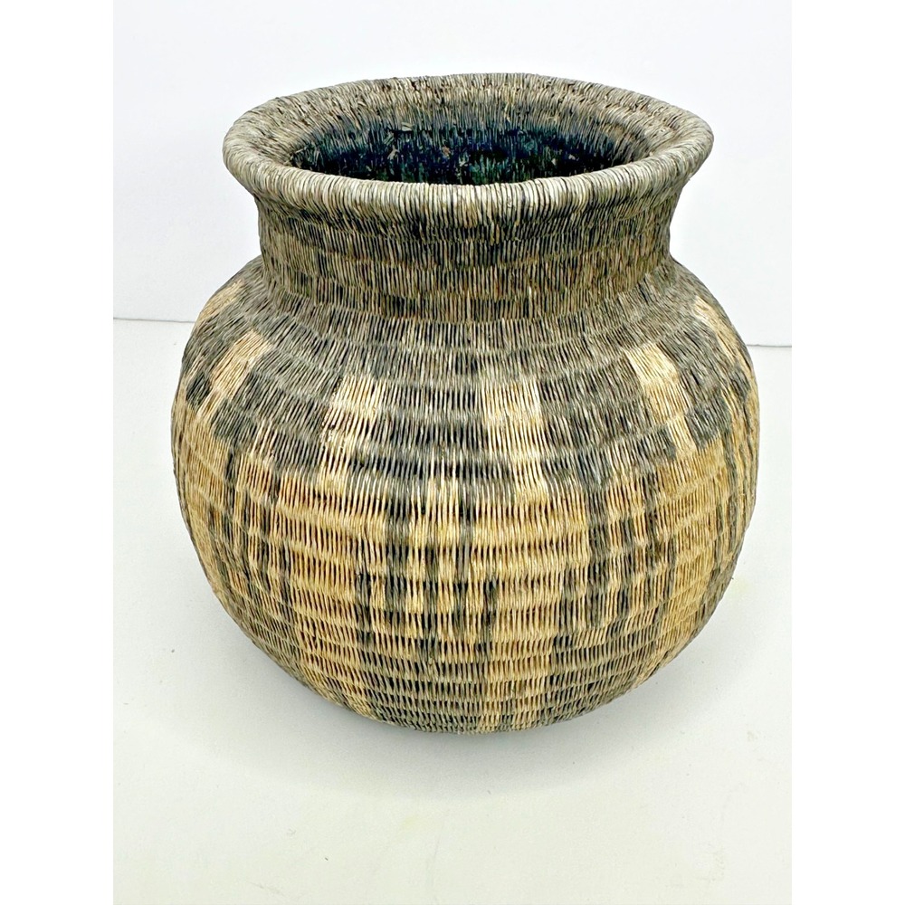 Vtg Hand Woven Basket Panama Rainforest Geometric Pattern Black Brown Faded